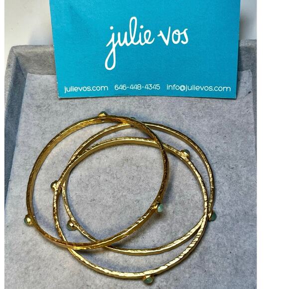 Julie Vos Gold Bangles Set of 3 Blue Stackable Bracelets Boho Layered dainty - Picture 6 of 11
